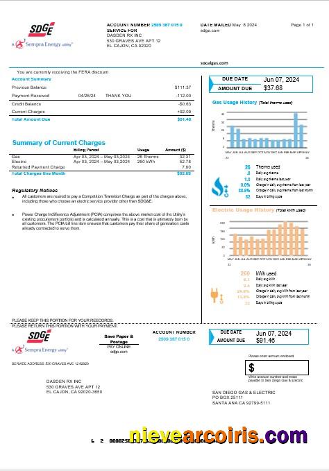 USA California San Diego Gas & Electric (SDG&E) business utility bill